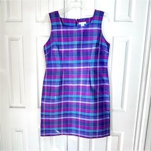 Y2K 100% Silk Annie Alexander Size 14 Plaid Purple Pink Blue Womens Retro Preppy